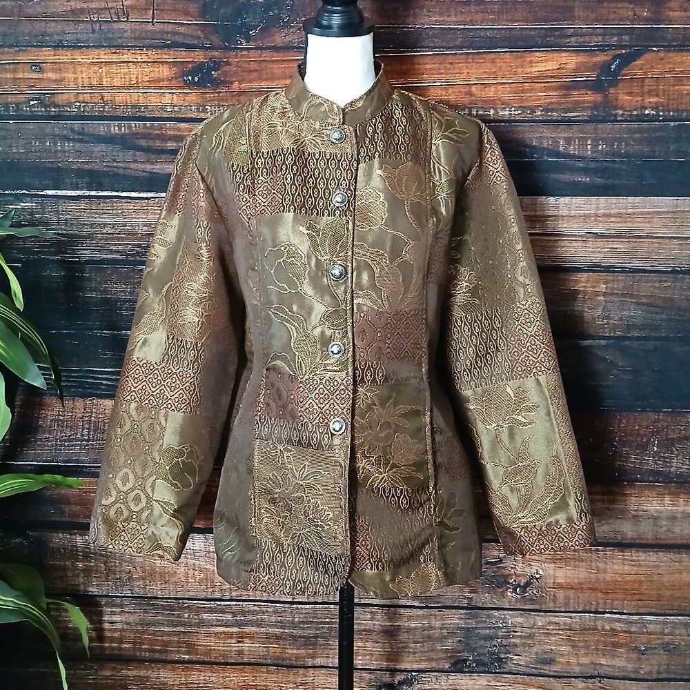 Tudor Court Haband Vintage Jacket M Boho Bronze Floral Jacquard Mandarin